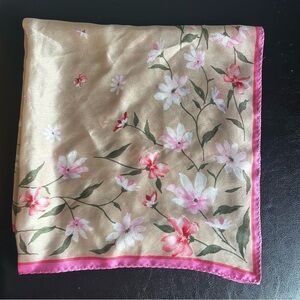 Pink & Tan Square Floral Silk Scarf